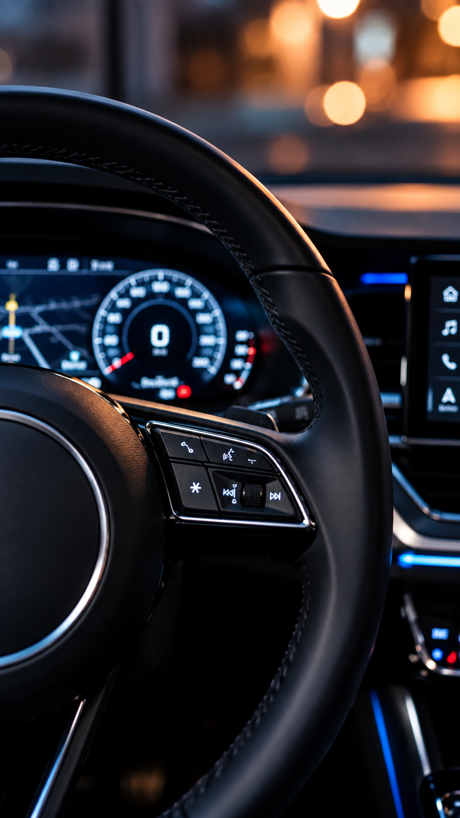 Nahaufnahme eines beleuchteten Fahrzeugcockpits mit Lenkrad und digitalen Anzeigen